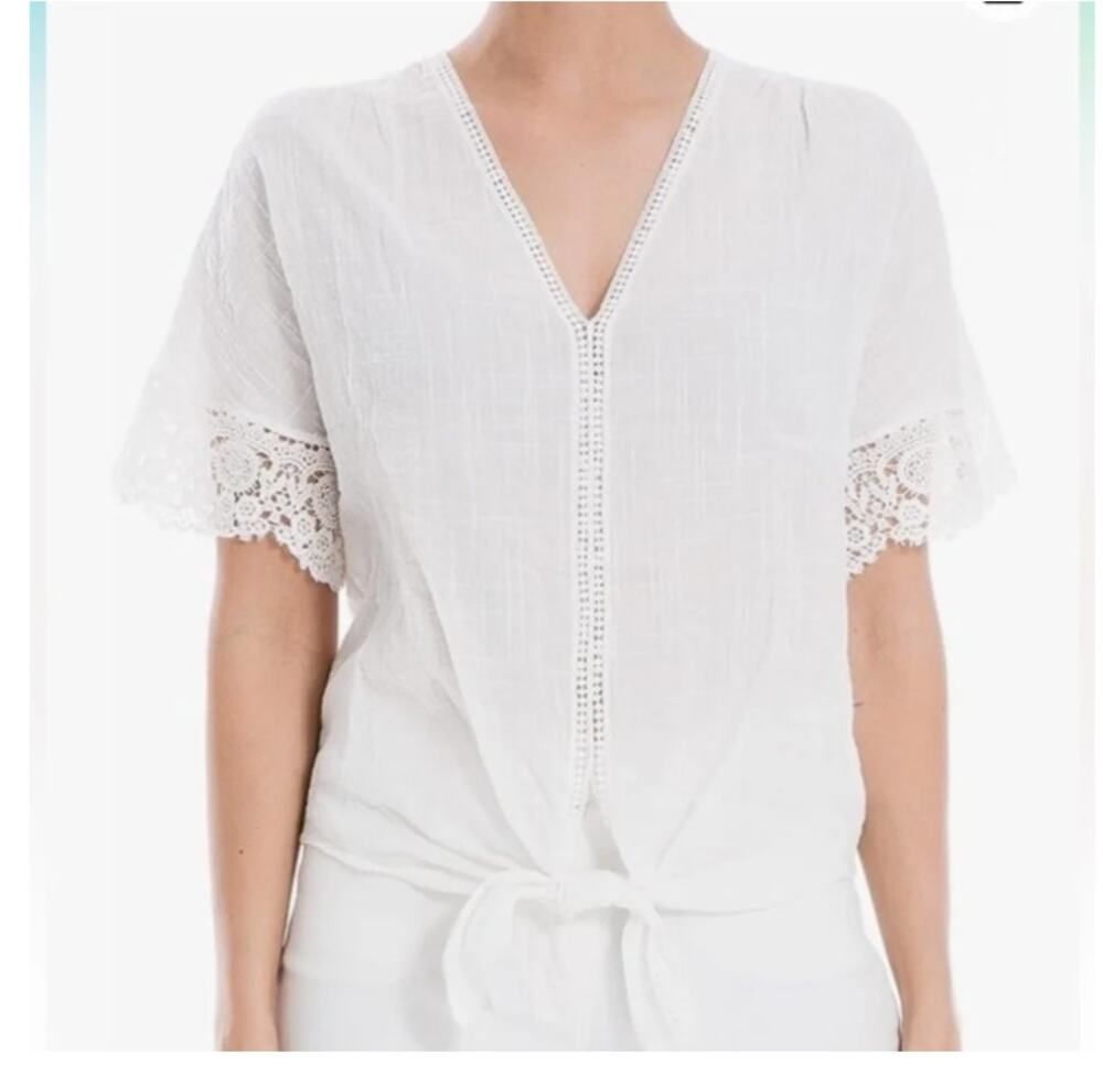 Max Studio Plus Cream Cotton Rayon Tie Waist Top 1X V Neck Crochet Trim Summer